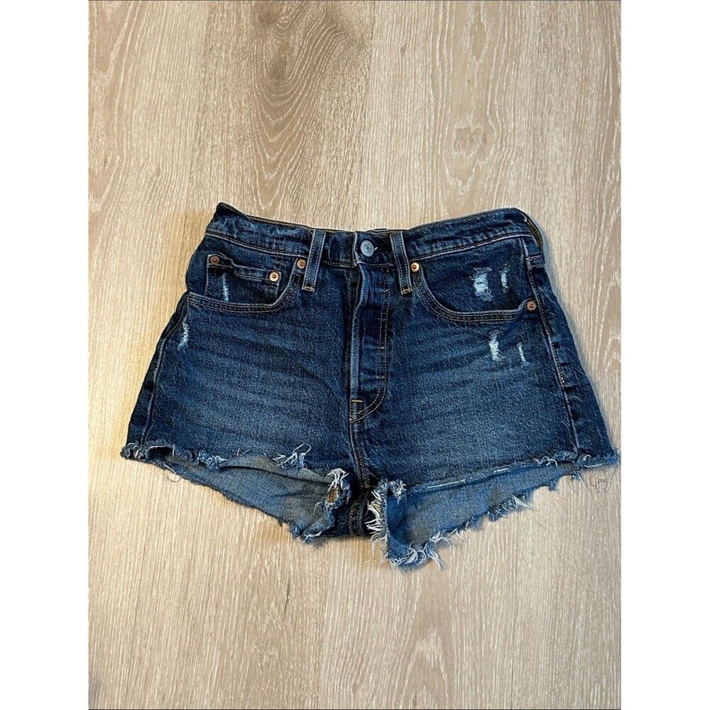 Levi’s 501 Button Fly Dark Wash Raw Hem High Waisted Denim Shorts sz 26